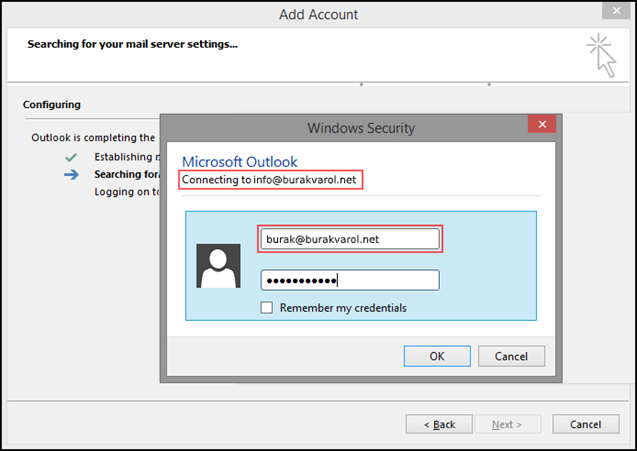 Outlook > Add Account > Enter credentials (for the primary mailbox/user) 